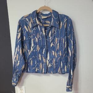 Liz Claiborne Lizwear Vintage 90's Blue Tan Wheat Print Cropped Shirt Size 14